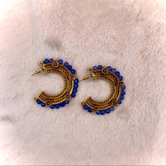 Antiquities Classic Blue Beaded Gold Hoop Earrings Vintage - Picture 2 of 6